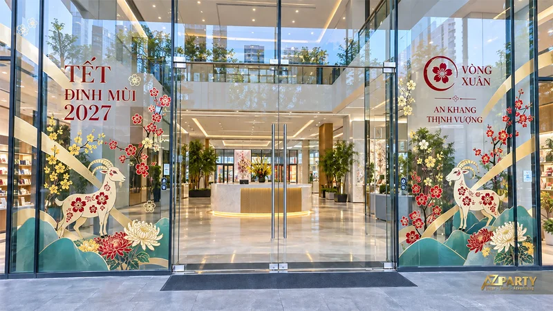 38 mẫu trang trí cửa kính Tết đẹp cho cửa hàng, văn phòng