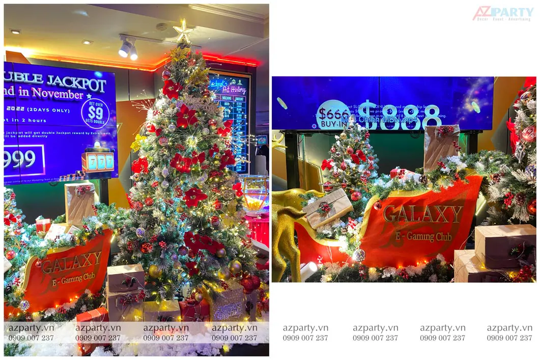 Ghép hai góc chụp tiểu cảnh Noel tại Galaxy Club làm nổi bật cây thông Noel trang trí quả châu rực rỡ và mô hình xe trượt tuyết chở đầy hộp quà