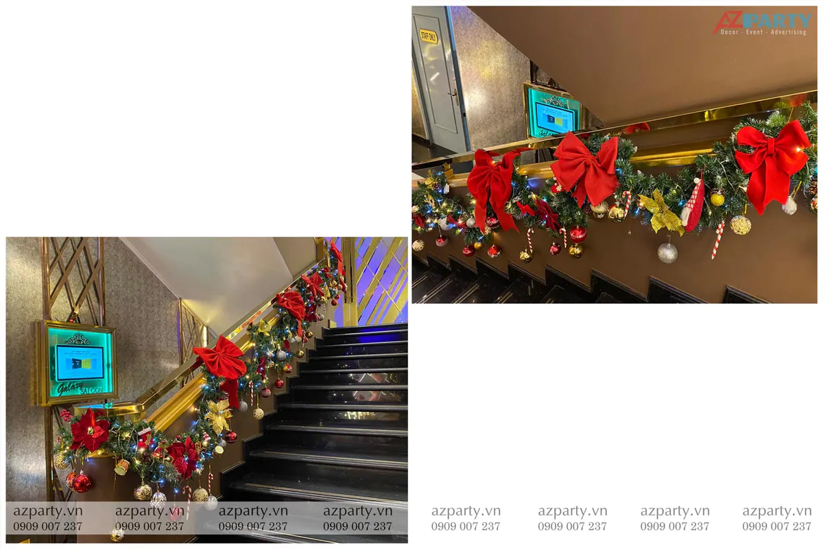 Ghép hai hình ảnh trang trí Noel dọc tay vịn cầu thang của Galaxy Club bằng dải thông xanh, nơ đỏ nhung lớn nổi bật và quả châu lấp lánh sang trọng