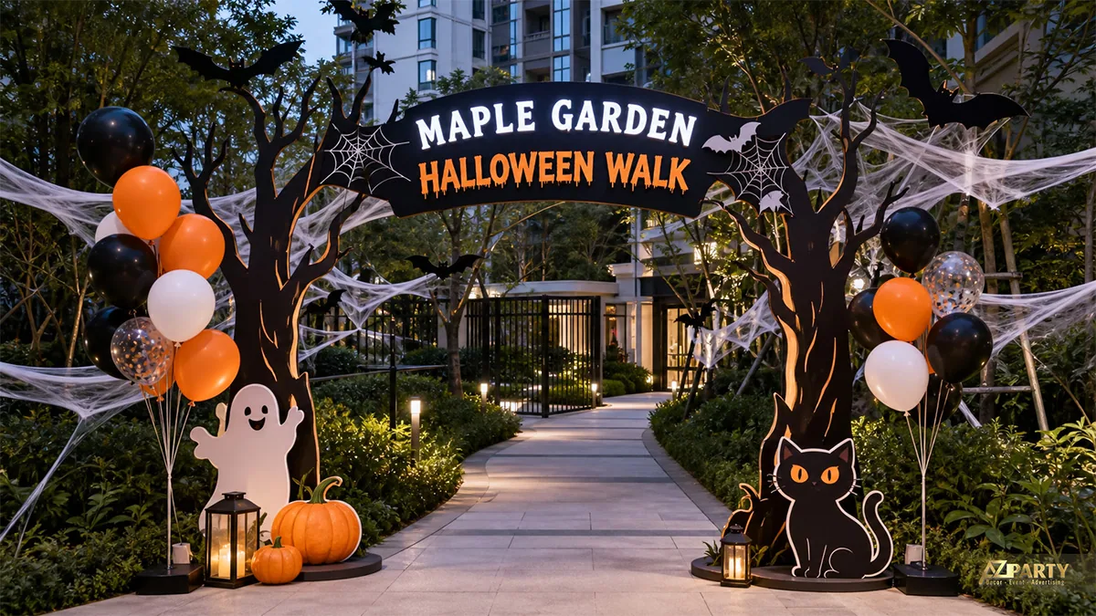 Cổng Halloween Walk trong khuôn viên chung cư với cây ma quái, mạng nhện, ma trắng và mèo đen