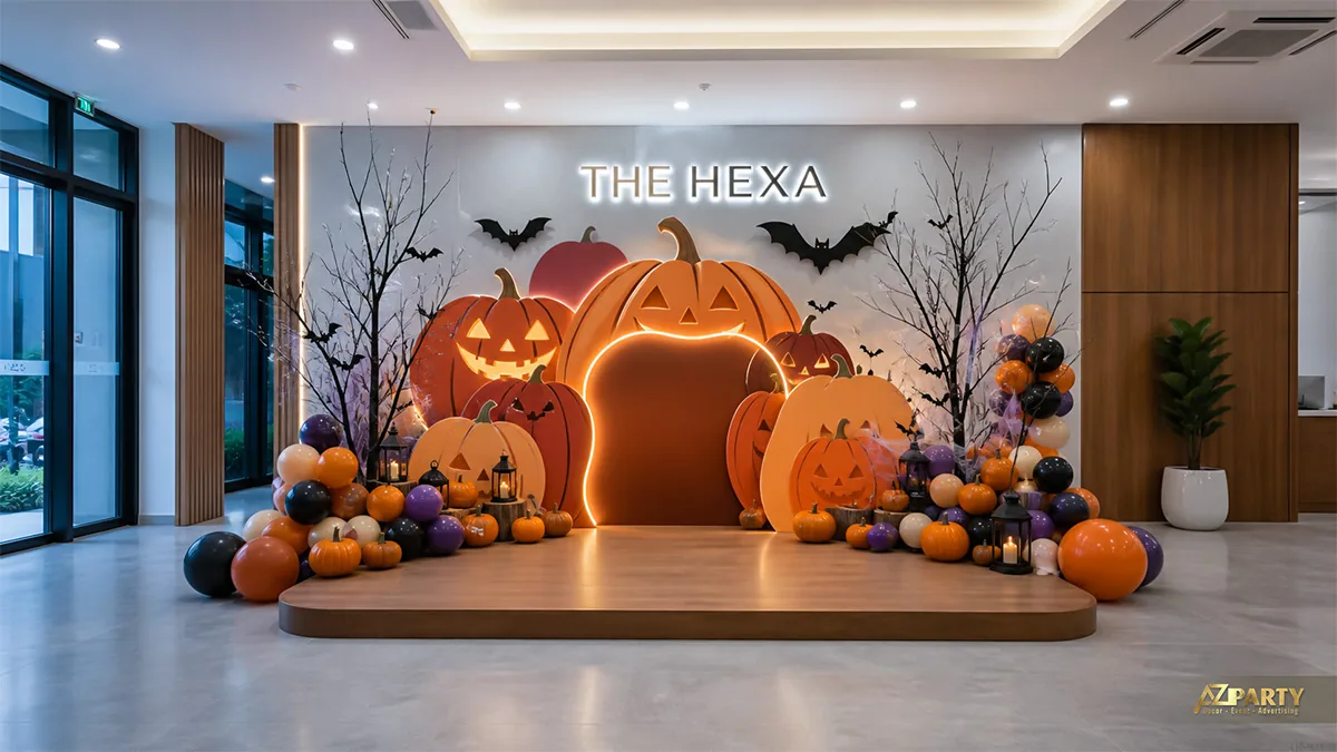 Sân khấu Halloween trong sảnh chung cư tạo hình nhiều lớp bí ngô cam viền đèn