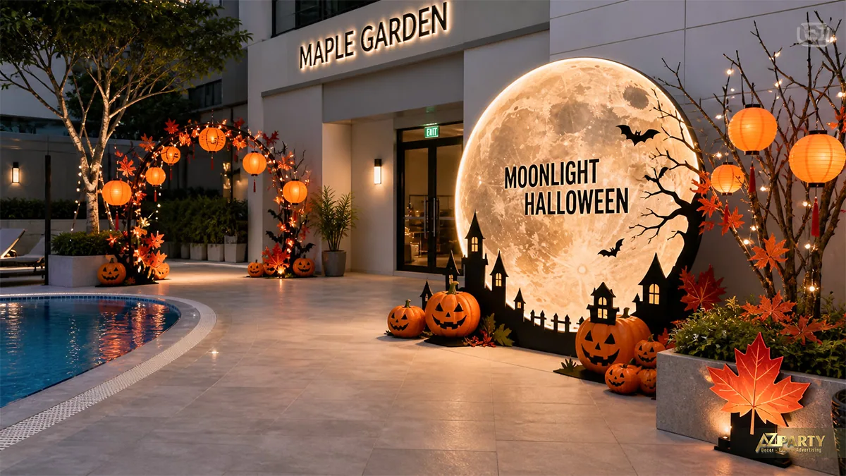 Tiểu cảnh trăng tròn Halloween bên hồ bơi chung cư với đèn lồng, bí ngô và lá phong cam