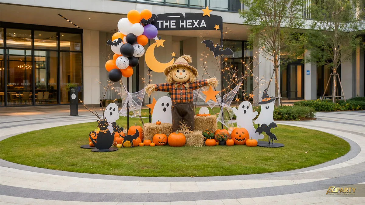 Tiểu cảnh Halloween trên thảm cỏ chung cư với bù nhìn, ma trắng, bí ngô và kiện rơm