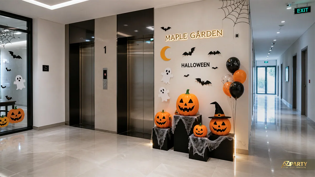 Góc Halloween cạnh thang máy chung cư với bí ngô đội mũ, bóng bay và decal dơi