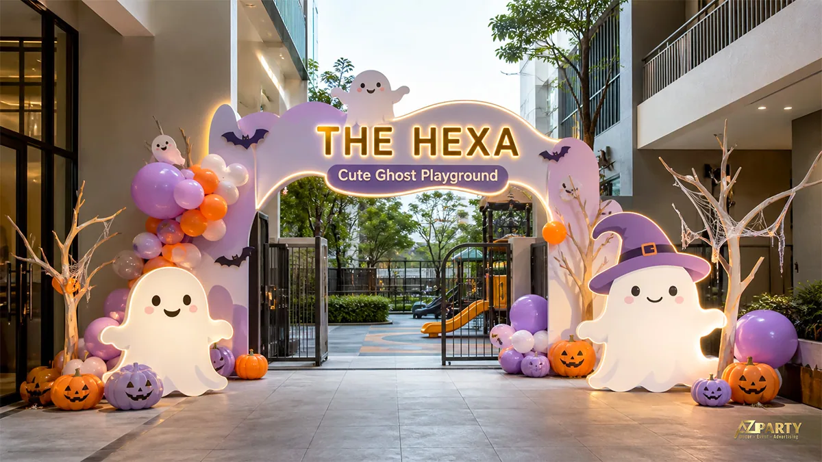 Cổng sân chơi Halloween chung cư tông tím pastel với hai ma trắng và bí ngô dễ thương