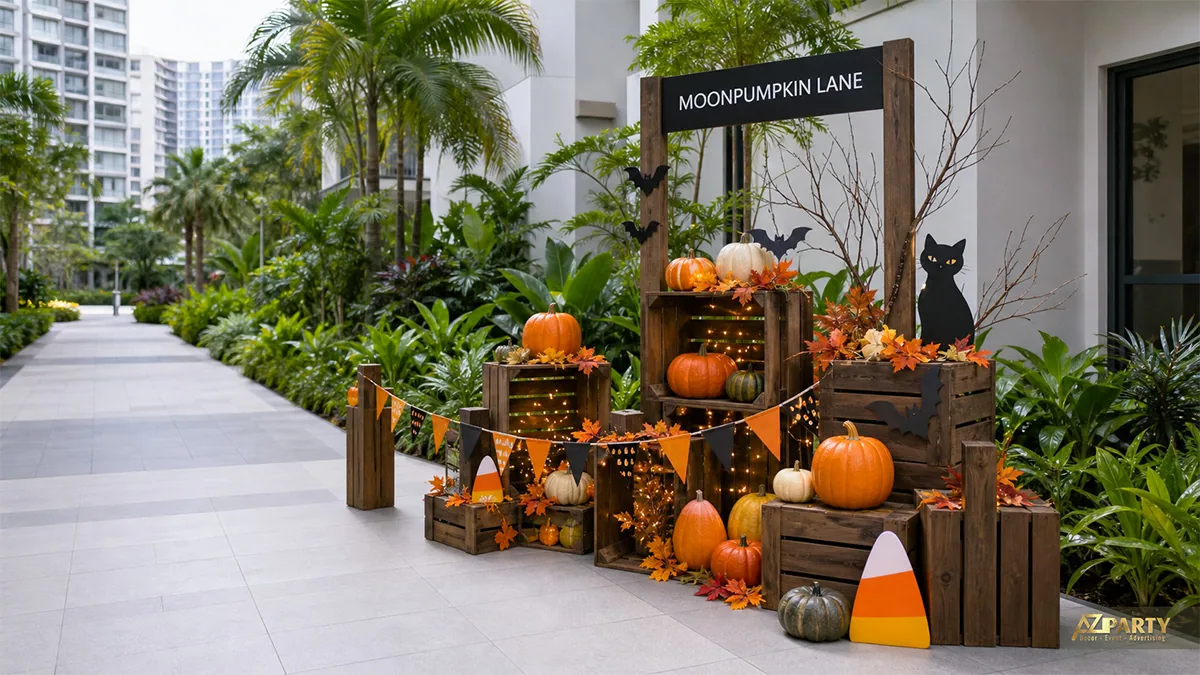 Góc trang trí Halloween bằng thùng gỗ và bí ngô dọc lối đi sân vườn chung cư