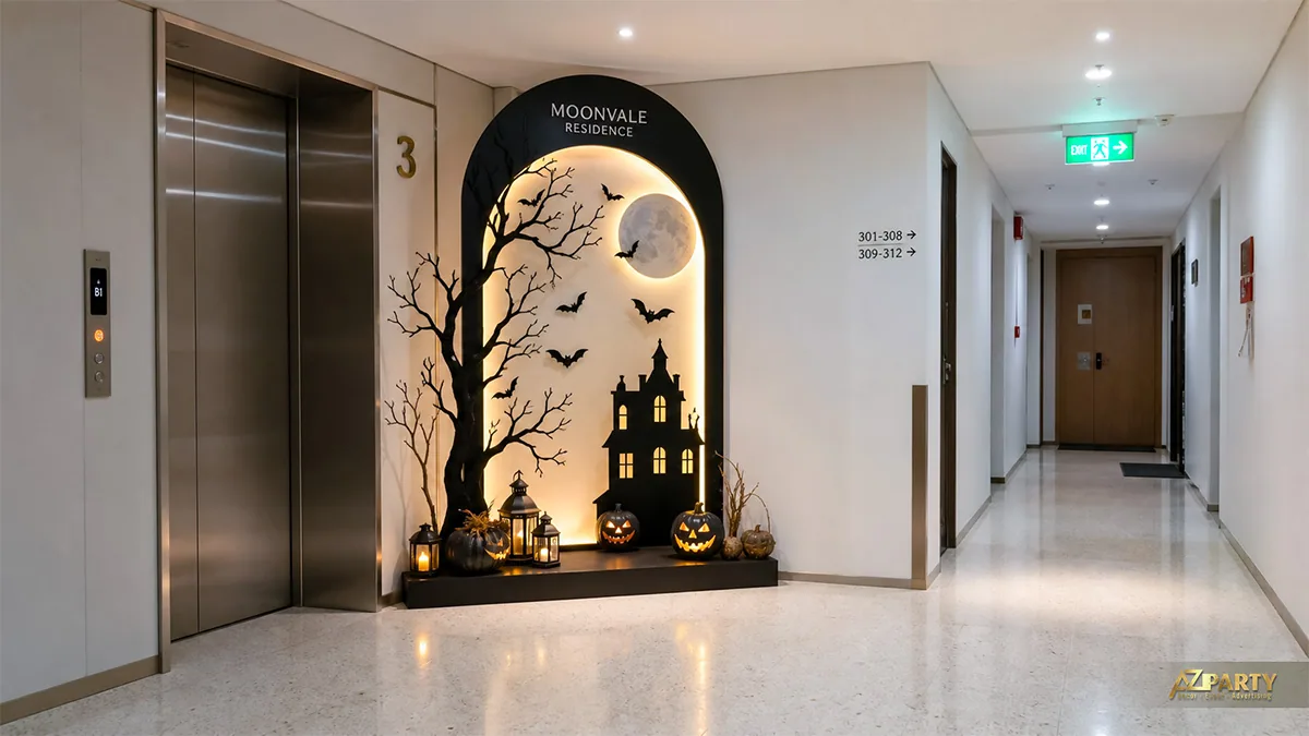 Tiểu cảnh Halloween cạnh thang máy với cây khô, trăng tròn, ngôi nhà đen và bí ngô