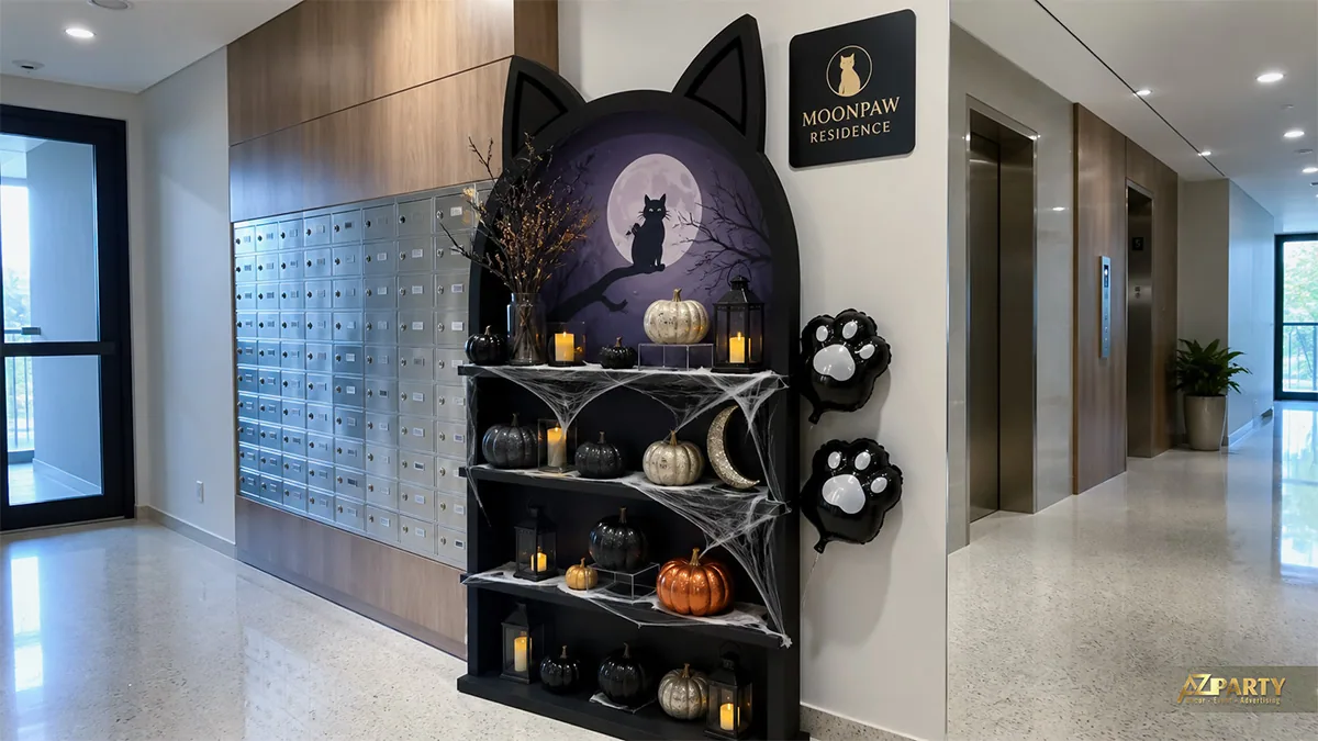Kệ trang trí Halloween cạnh hộp thư chung cư với mèo đen, bí ngô kim loại và mạng nhện
