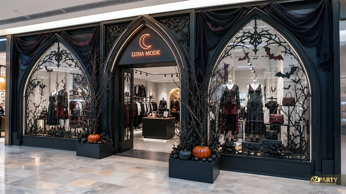 Mặt tiền cửa hàng thời trang phong cách Gothic với vòm nhọn, cành khô, dơi đen và bí ngô