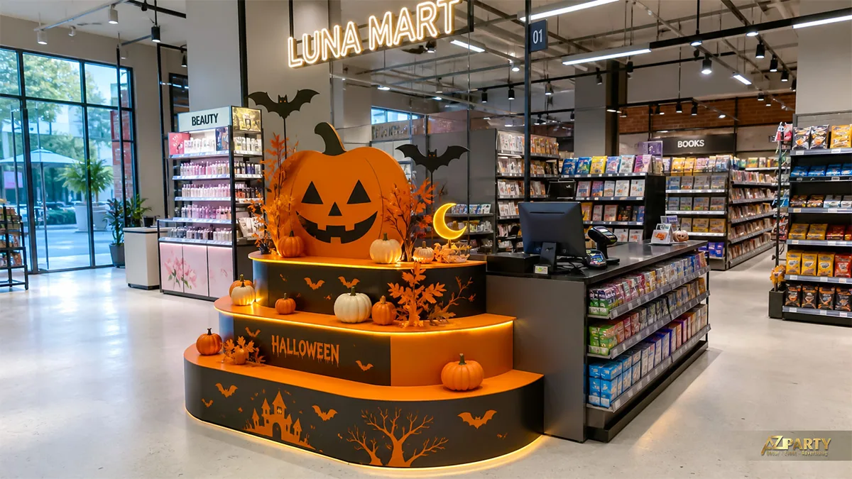 Quầy trưng bày Halloween trong cửa hàng tiện lợi với bí ngô lớn và hệ bục viền đèn cam