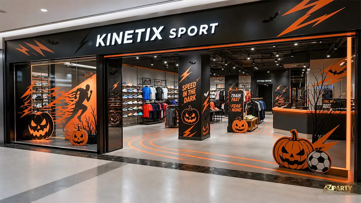 Cửa hàng thể thao tông đen cam với đồ họa vận động viên, bí ngô và đường chạy Halloween