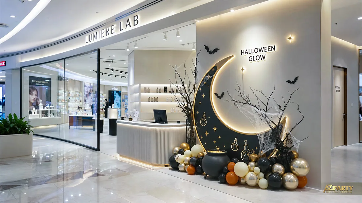 Góc check-in Halloween tại cửa hàng mỹ phẩm với trăng khuyết đen vàng, vạc và bóng bay