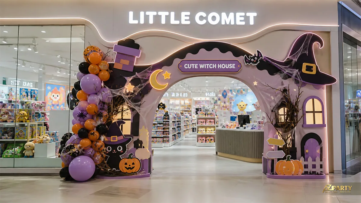 Cổng chào Halloween hình ngôi nhà phù thủy tại cửa hàng trẻ em với bóng bay tím cam