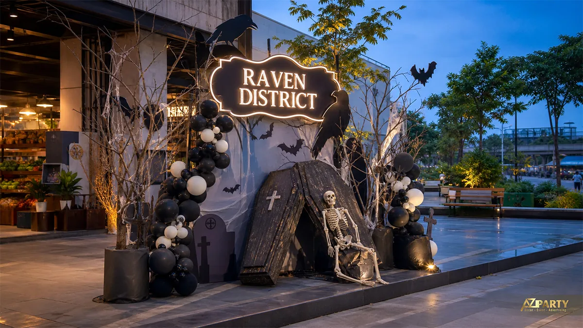 Mô hình quan tài và bộ xương bên hàng rào nghĩa địa, kết hợp bí ngô cho góc Halloween ngoài trời