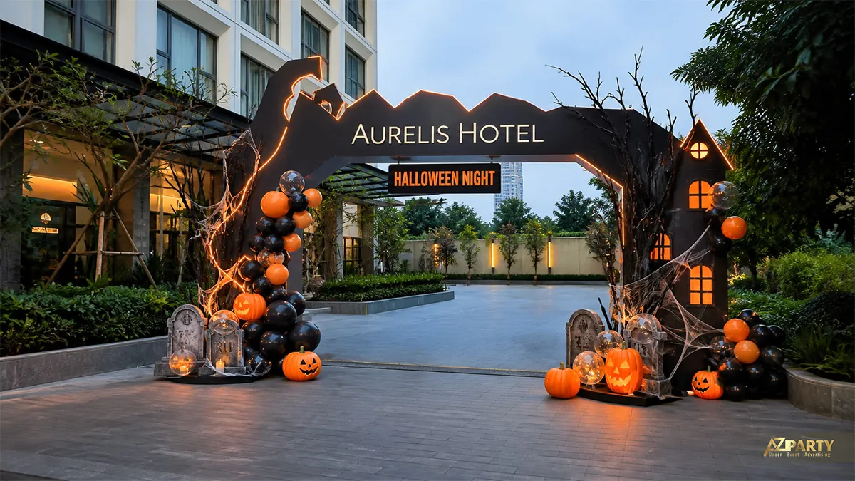 Cổng Halloween Night tại lối vào khách sạn với ngôi nhà ma, bia mộ và bóng cam đen