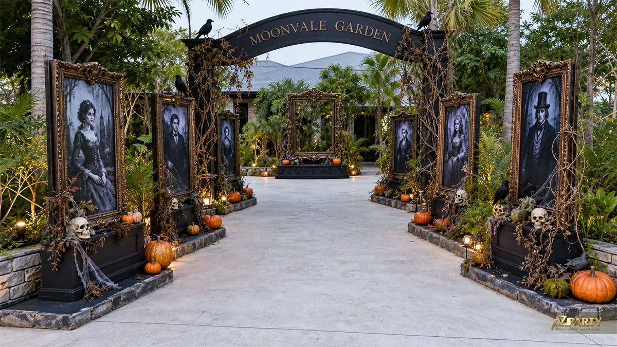 Lối đi phong cách Gothic với tranh chân dung, quạ đen, đầu lâu và cụm bí ngô