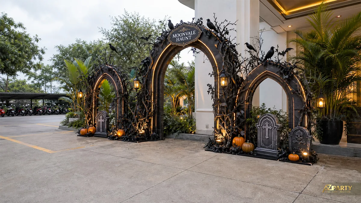 Ba khung vòm Gothic tại cửa khách sạn, kết hợp quạ, bia mộ và bí ngô phát sáng