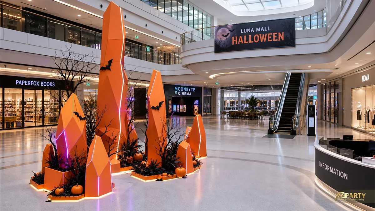 Tiểu cảnh Halloween hình khối cam đặt giữa sảnh trung tâm thương mại, kết hợp cành khô, dơi và bí ngô