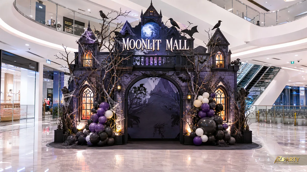 Cổng lâu đài Halloween phong cách Gothic giữa sảnh trung tâm thương mại với bóng tím đen và ánh đèn vàng