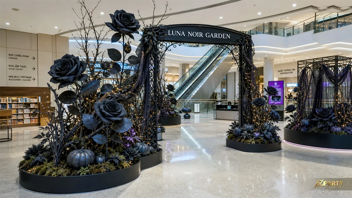 Cổng vườn hoa hồng đen phong cách Gothic trong trung tâm thương mại với bí ngô ánh kim và đèn dây