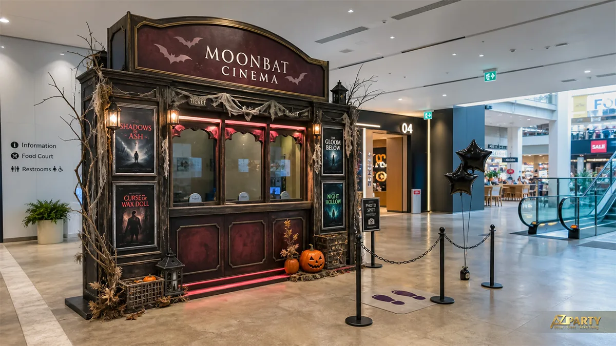 Quầy vé rạp chiếu phim phong cách Halloween cổ điển với cành khô, mạng nhện và bí ngô