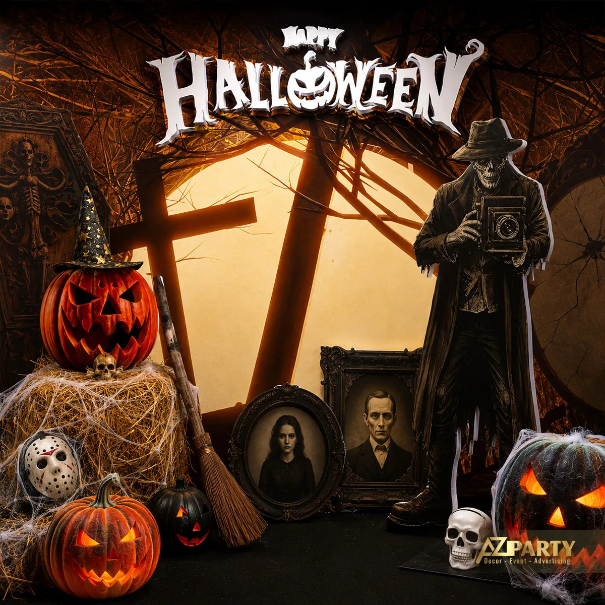 Cận cảnh backdrop Halloween với hình phù thủy, cánh cửa gỗ, bí ngô và bó rơm.
