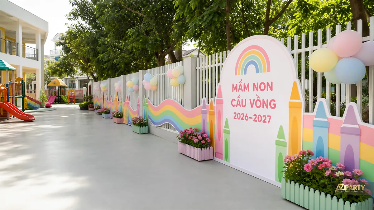 Hàng rào trường mầm non Cầu Vồng trang trí bút chì, dải màu pastel và chậu hoa
