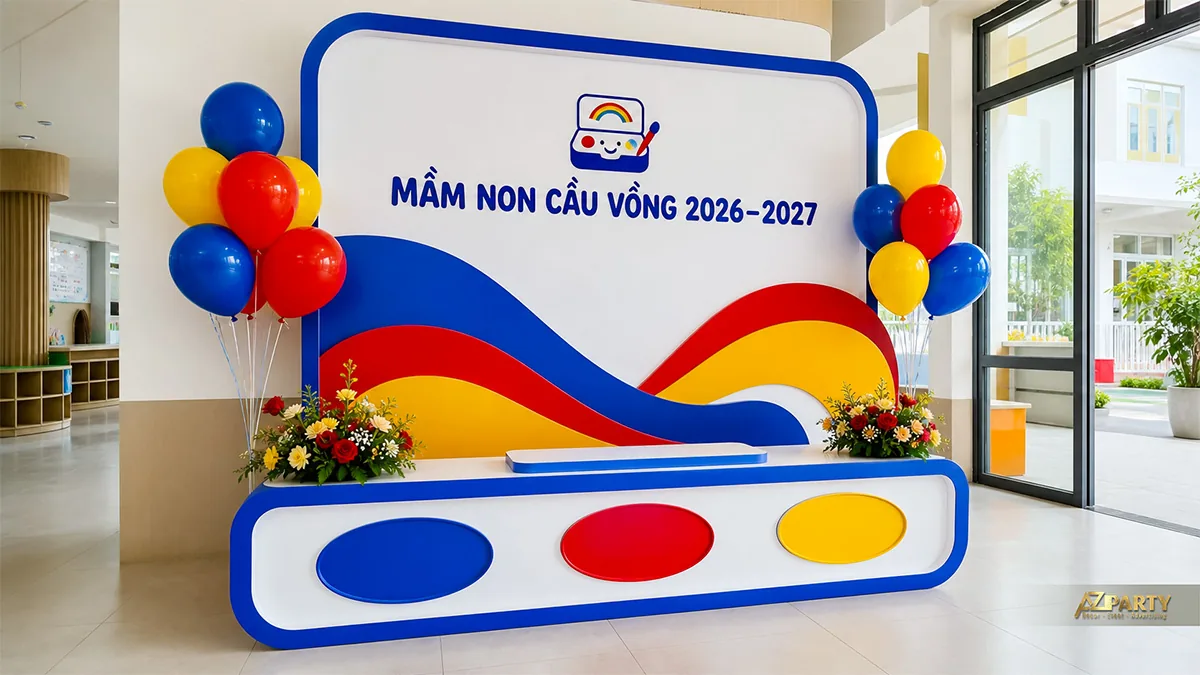 Quầy đón khách khai giảng mầm non Cầu Vồng màu đỏ vàng xanh với hai chùm bóng