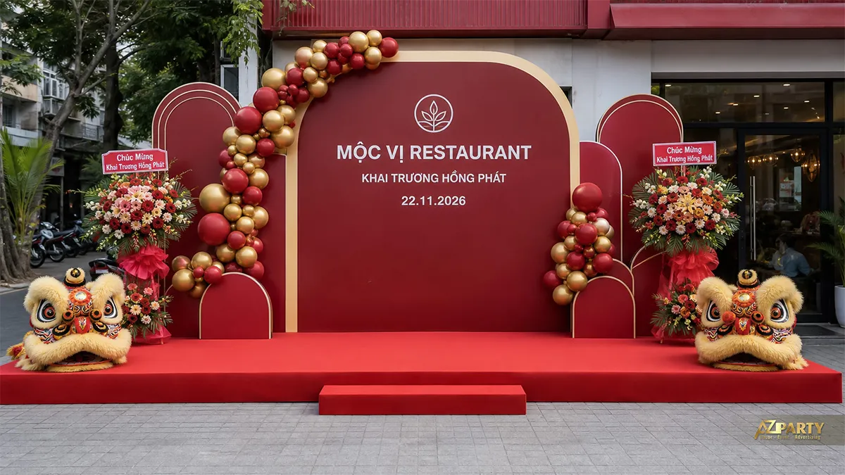 Không gian khai trương Mộc Vị Restaurant màu đỏ cùng hoa và bục sân khấu