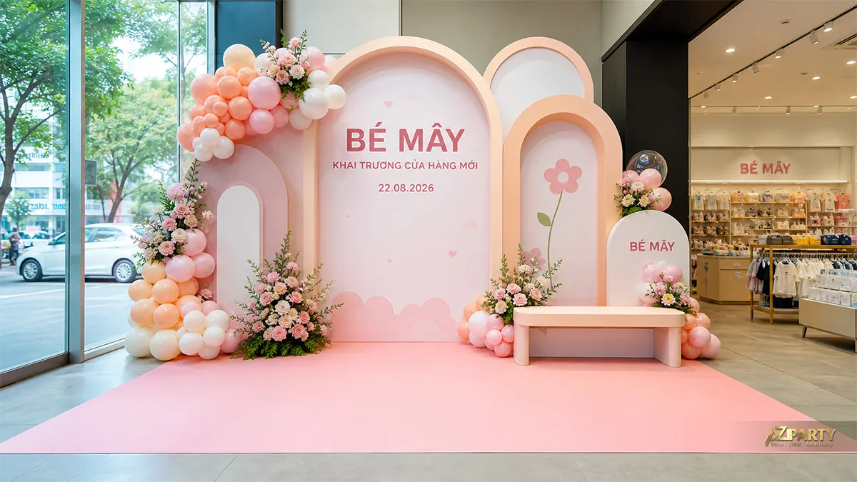 Góc check-in khai trương Bé Mây màu hồng pastel và cụm bóng hai bên
