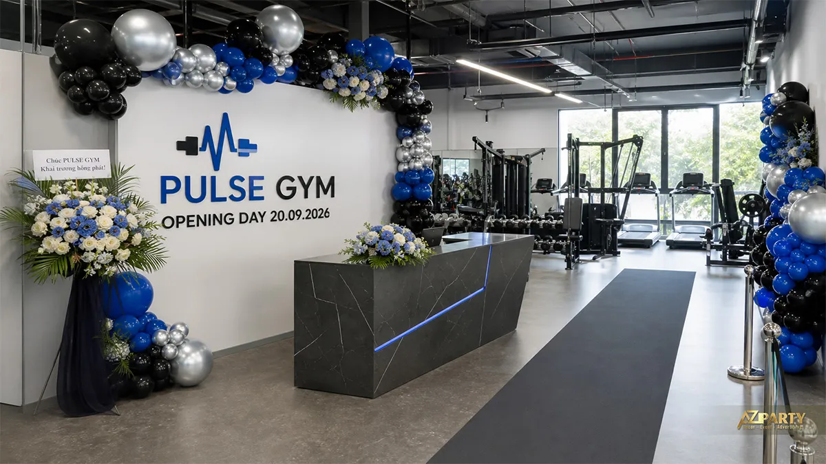 Quầy lễ tân Pulse Gym trang trí bóng xanh đen cho ngày khai trương