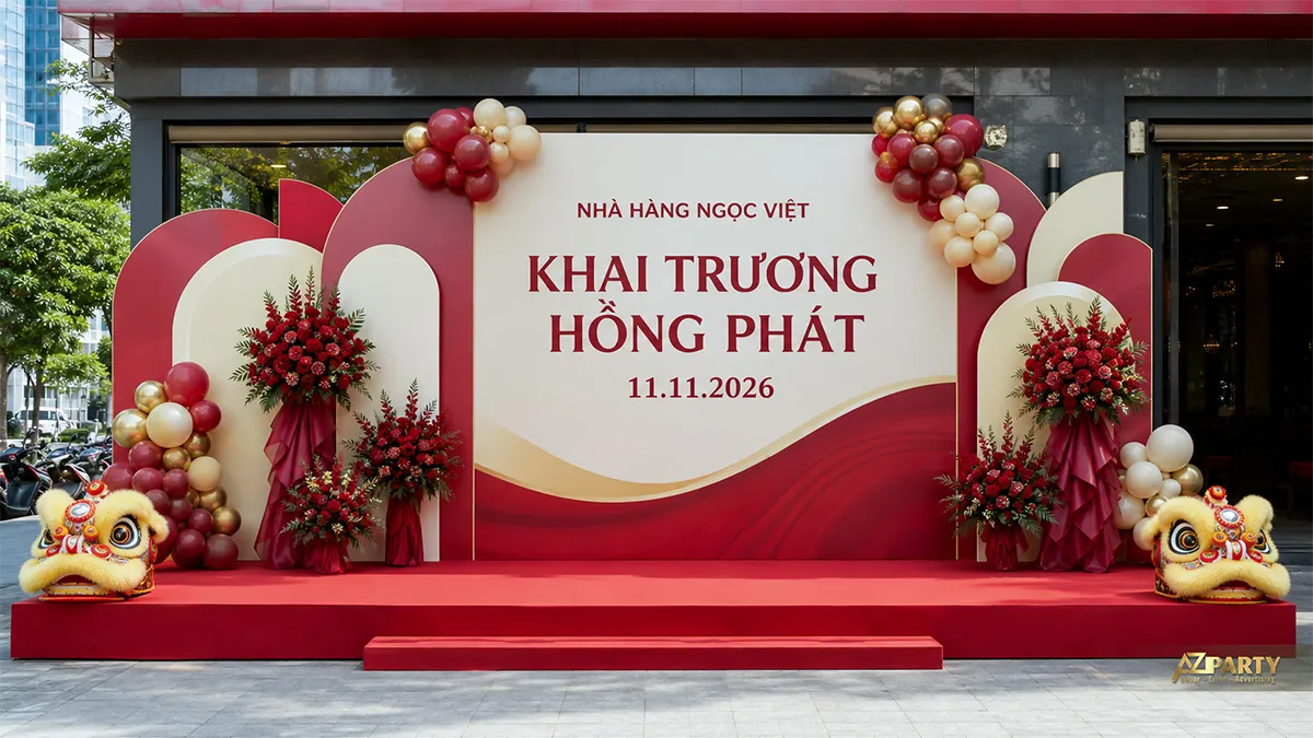 Backdrop lễ khai trương Hồng Phát màu đỏ vàng cùng hoa hai bên
