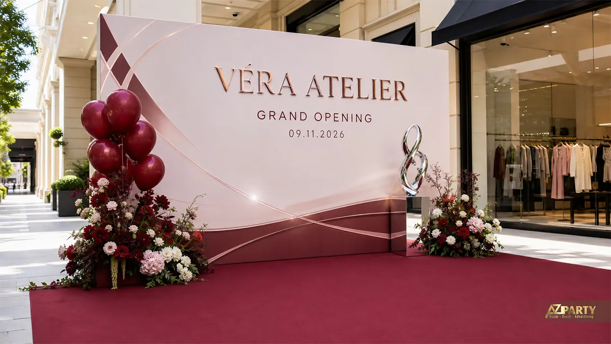 Backdrop Vera Atelier màu đỏ rượu phối hoa trắng tại sảnh trung tâm