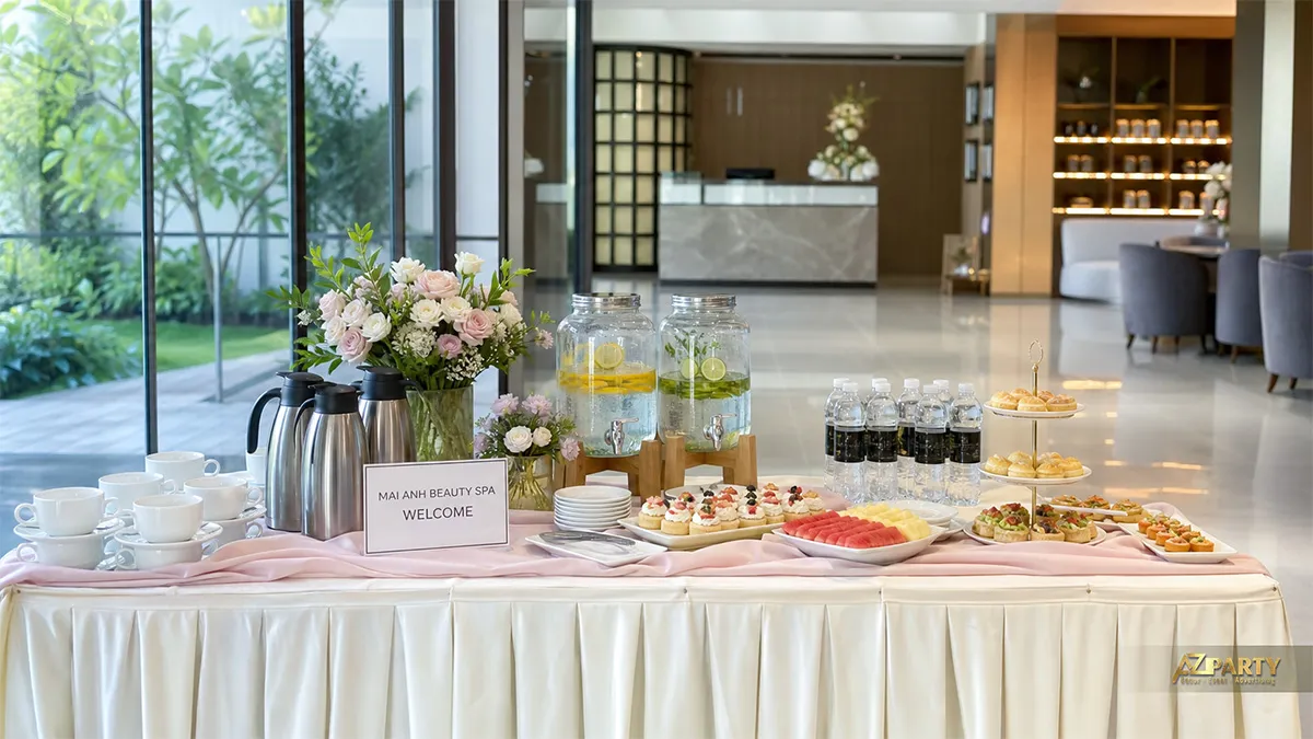Bàn tiệc nhẹ khai trương phủ khăn trắng với hoa và nước uống