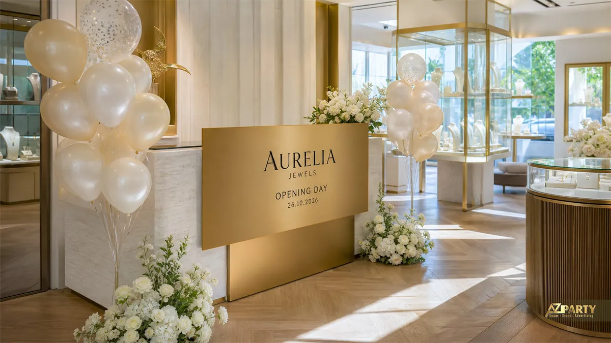 Quầy đón khách Aurelia trang trí hoa trắng và bảng tên màu kem