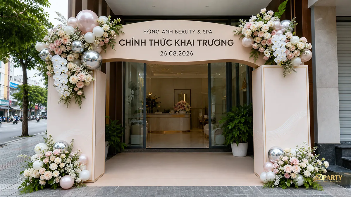 Cổng Hồng Anh Beauty & Spa màu kem hồng với lan trắng, hoa hồng và bóng bạc