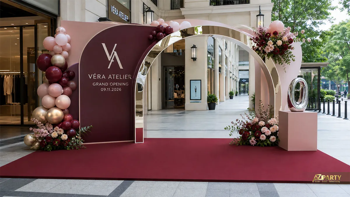 Khu check-in Véra Atelier đỏ burgundy với vòm gương, hoa hồng và thảm đồng màu