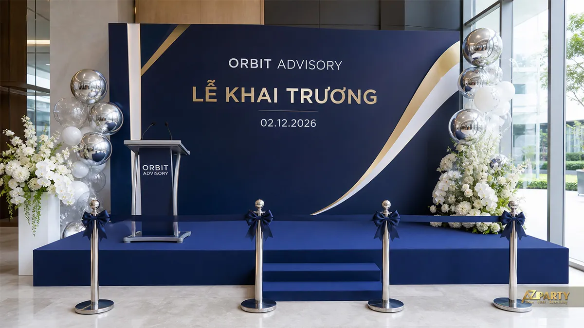 Sân khấu Orbit Advisory xanh navy phối vàng với bóng bạc và hai cụm hoa trắng