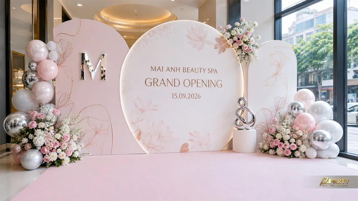 Backdrop Mai Anh Beauty Spa dáng vòm hồng nhạt với hoa pastel và tượng bạc