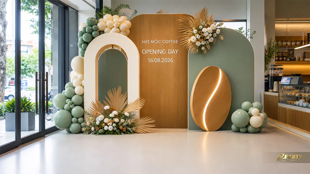 Backdrop Hạt Mộc Coffee phối gỗ và xanh sage với bóng pastel, lá cọ và hoa trắng