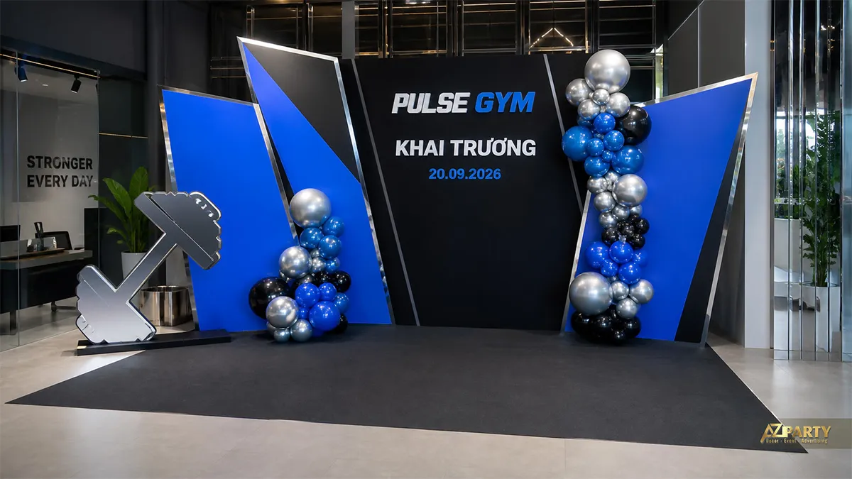 Backdrop Pulse Gym đen xanh hình học với mô hình tạ và cụm bóng ánh kim