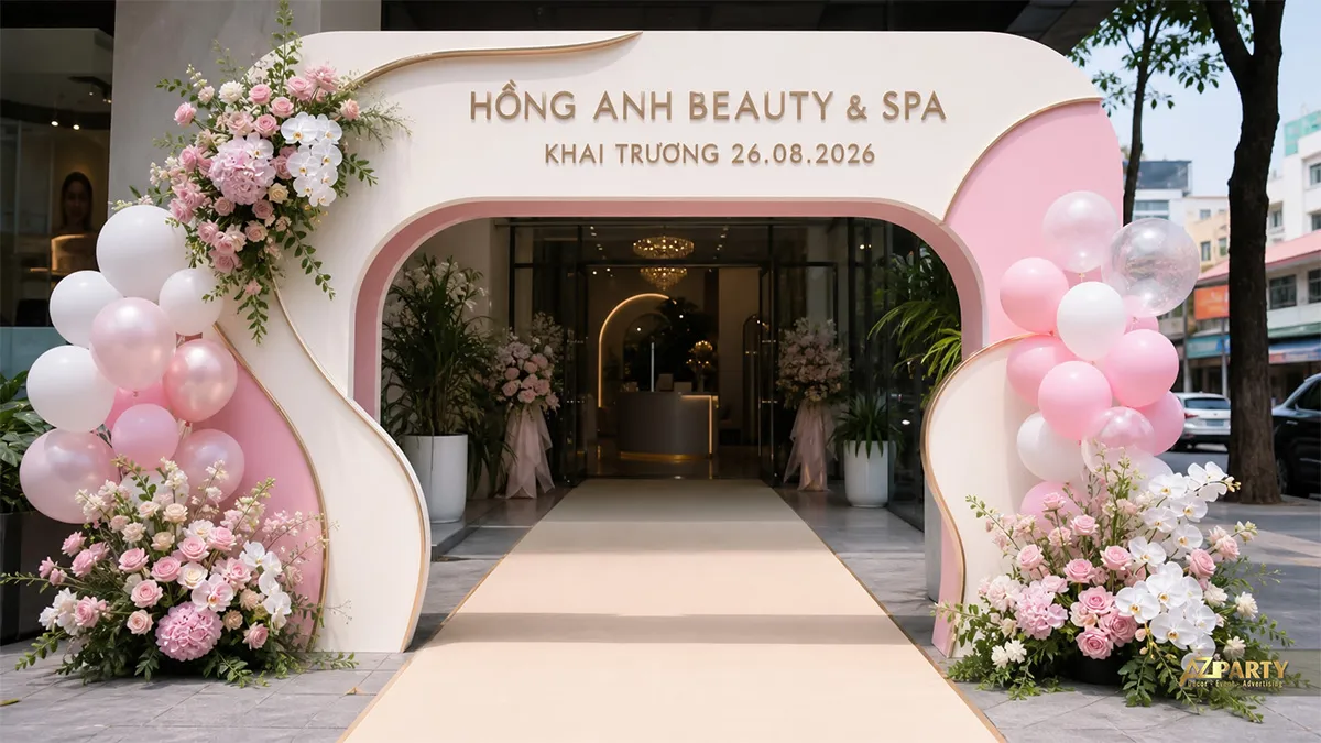 Cổng Hồng Anh Beauty & Spa trắng hồng viền vàng với hoa pastel và lan trắng