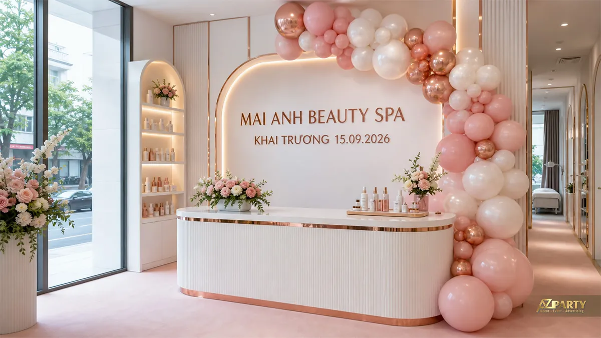Quầy lễ tân Mai Anh Beauty Spa với cổng bóng hồng trắng và kệ trưng bày mỹ phẩm