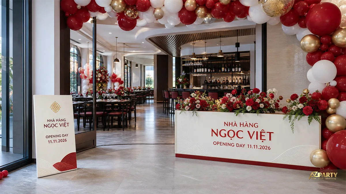 Lối vào nhà hàng Ngọc Việt với cổng bóng đỏ trắng vàng và quầy hoa đồng màu