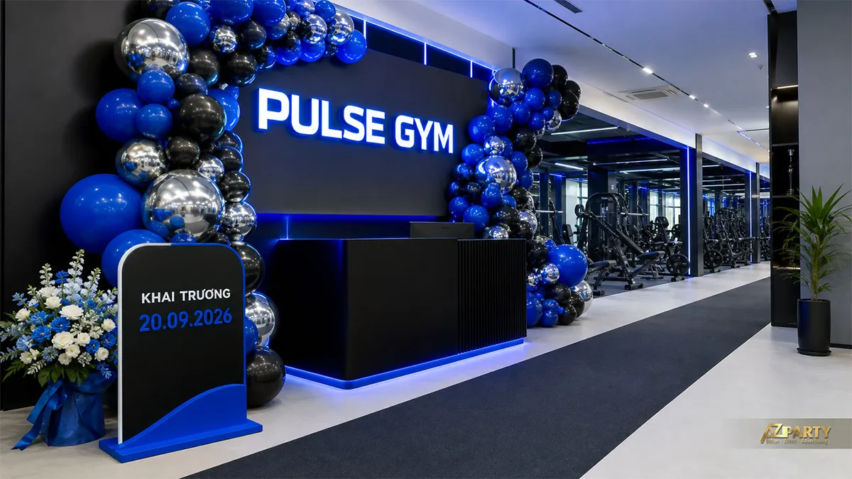 Quầy lễ tân Pulse Gym trang trí cổng bóng xanh dương, đen, bạc và hoa xanh trắng