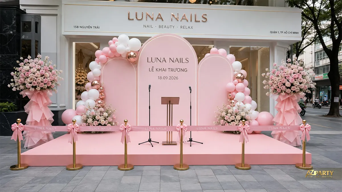 Sân khấu Luna Nails màu hồng với bục phát biểu, bóng pastel và hai kệ hoa hồng