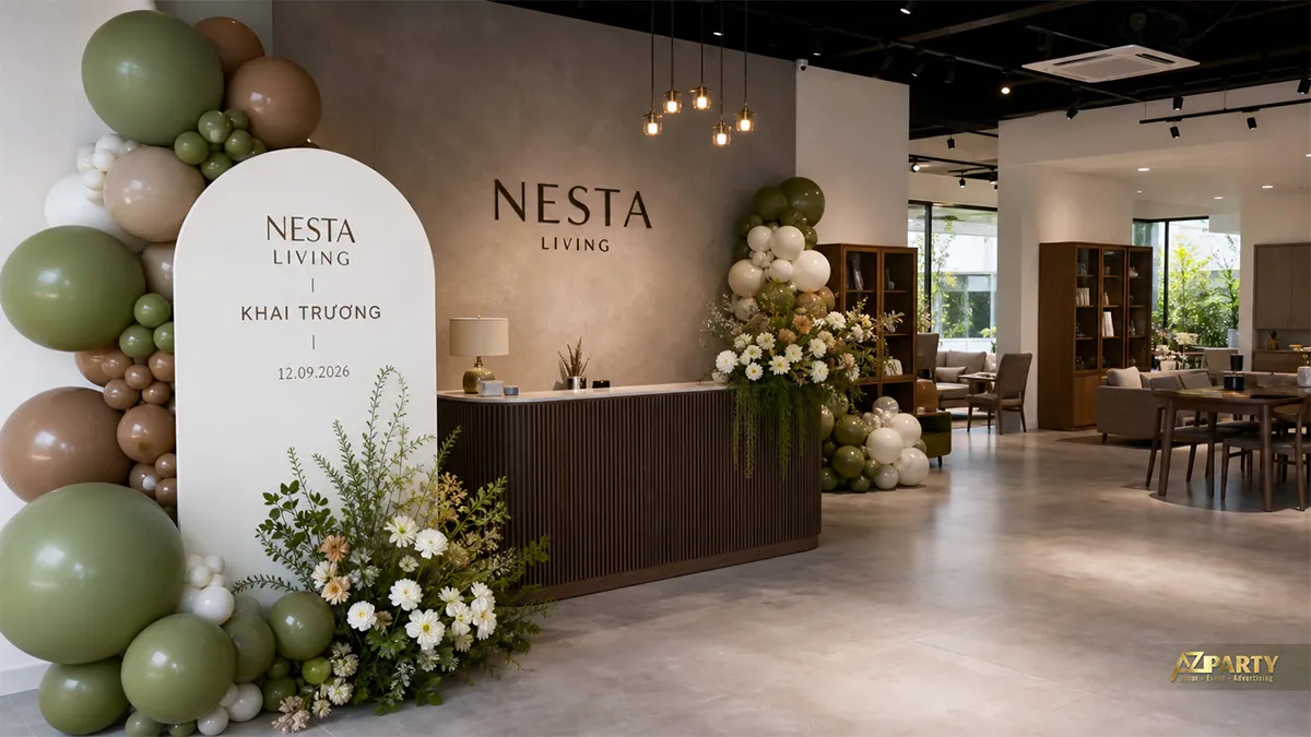 Quầy lễ tân Nesta Living trang trí bóng xanh olive, nâu, trắng và hoa đồng nội