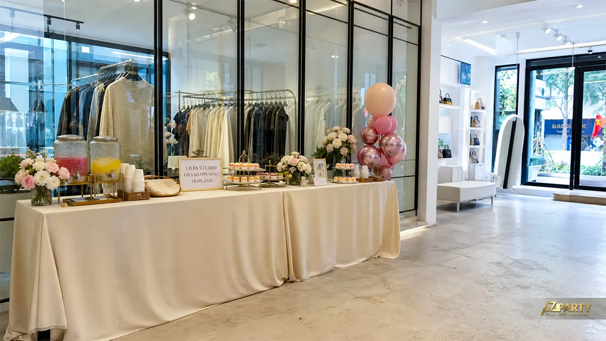 Bàn tiệc Lilia Studio trong cửa hàng thời trang với bánh ngọt, nước và bóng hồng