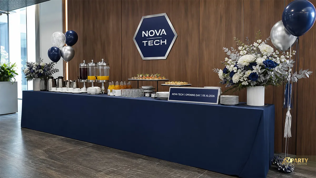 Bàn tiệc Nova Tech phủ khăn xanh navy với nước uống, bánh và hoa xanh trắng