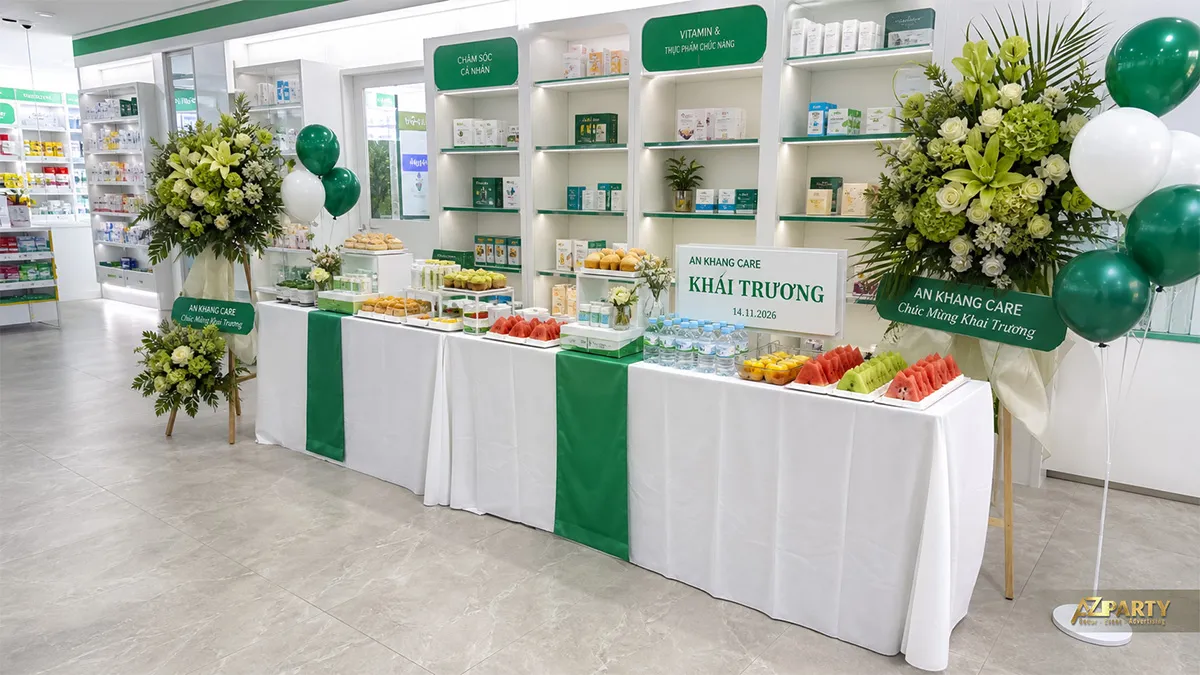 Bàn tiệc An Khang Care trắng xanh với bánh, trái cây, nước và hai kệ hoa chúc mừng